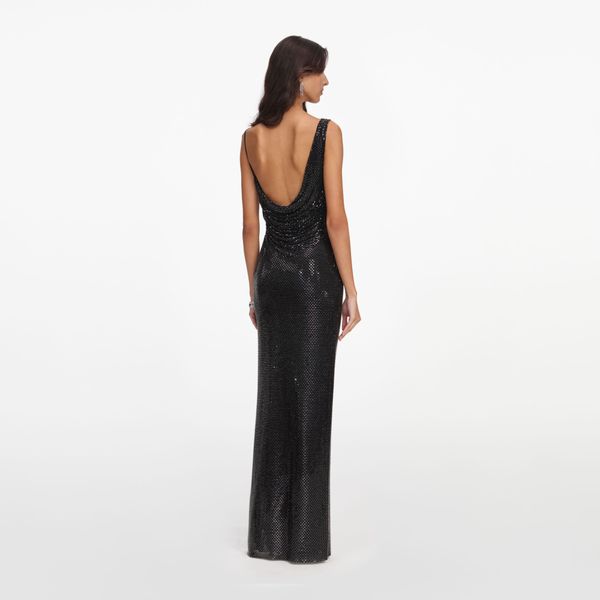 Self-Portrait Black Rhinestone Draped Maxi Dress