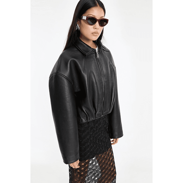 ROTATE Bonded Boxy Leather Jacket Black