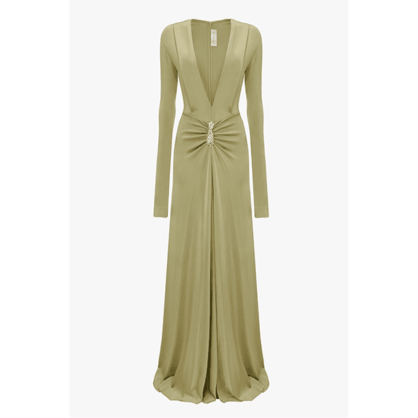 Victoria Beckham Long Sleeve V-Neck Gown Pistachio