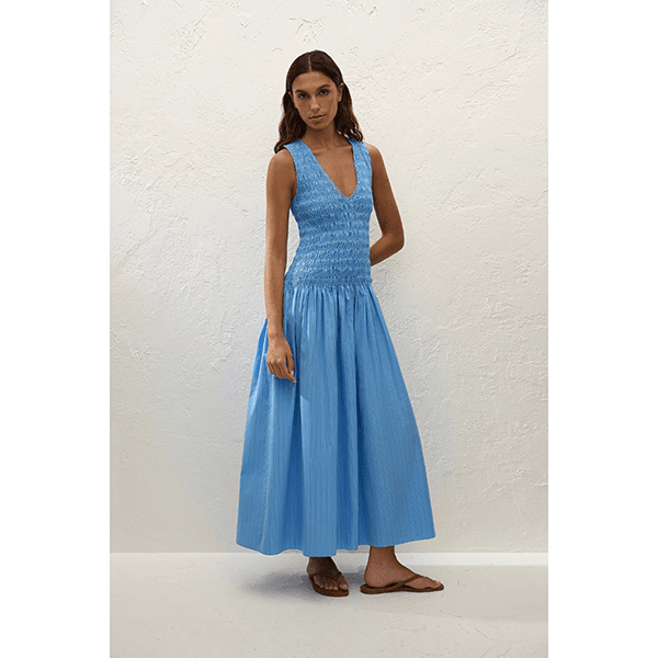 Faithfull Palomar Midi Dress Mico Pinstripe Azul