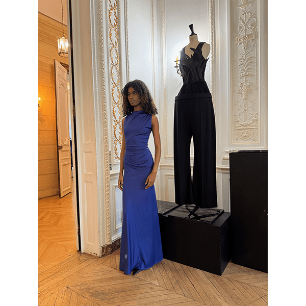 Victoria Beckham Sleeveless Draped Gown Bright Indigo