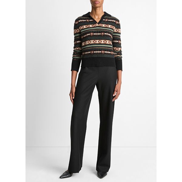 Vince Fair Isle Polo Sweater Cacao/Malachite Combo